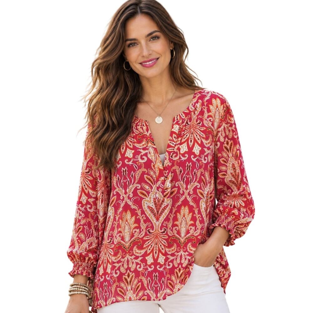 LOFT Floral Paisley Popover Top Womens Large Hot Pink Colorful Blouse
